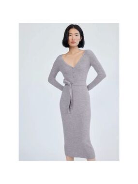 Babaton Gray V-Neck Long Sleeve Midi Dress